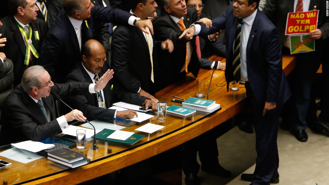 Deputies of the Lower House of Congress exchange words during the vote. After the success of the motion to impeach, it will be considered by the parliament&#39;s upper house. 