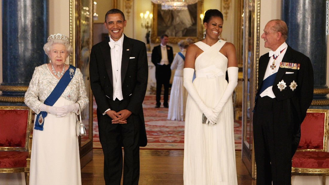 Queen Elizabeth II poses with the President, the first lady and Prince Philip, Duke of Edinburgh, in the Music Room of Buckingham Palace ahead of a State Banquet on May 24, 2011. 