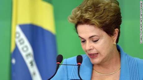 Brazilian President Dilma Rousseff speaks during a press conference at Planalto Palace in Brasilia on April 18, 2016.
President Rousseff said Monday that she is "outraged" by a vote in Congress to authorize impeachment proceedings against her and vowed to keep fighting. / AFP / EVARISTO SA        (Photo credit should read EVARISTO SA/AFP/Getty Images)