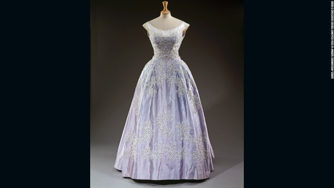 Pale blue silk faille evening gown by Norman Hartnell, worn at the Royal Lyceum, Edinburgh during the State Visit of King Olav of Norway. 