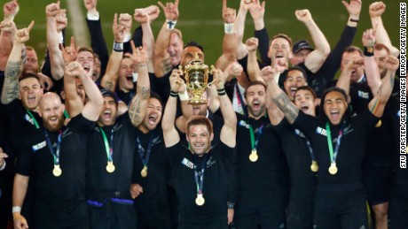 Richie McCaw of New Zealand lifts the trophy after the 2015 Rugby World Cup final match against Australia at Twickenham Stadium in October 2015.