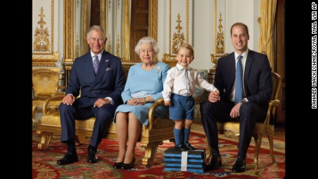 In this image released by the Royal Mail on Wednesday April 20, 2016, Britain&#39;s Prince George stands on foam blocks during a photo shoot for the Royal Mail in the summer of 2015 in the White Drawing Room at Buckingham Palace in London for a stamp sheet to mark the 90th birthday of Britain&#39;s Queen Elizabeth II.  The image features four generations of the Royal family, from left, Prince Charles, Queen Elizabeth II, Prince George and Prince William, the Duke of Cambridge. (Ranald Mackechnie/Royal Mail via AP) MANDATORY CREDIT