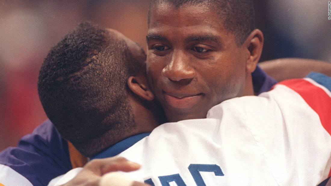 Magic Johnson, seen here hugging guard Isiah Thomas before the 42nd All Star Game at Orlando Arena in 1992, announced November 7, 1991, that he was retiring from the NBA  at age 32 after contracting HIV. That 1992 All-Star Game was the first game of the season for Johnson after his retirement. He also was part of the 1992 &quot;Dream Team&quot; that won gold in the Summer Olympics in Barcelona. Johnson briefly returned to the NBA during the 1996 season but retired permanently after that, at age 36.