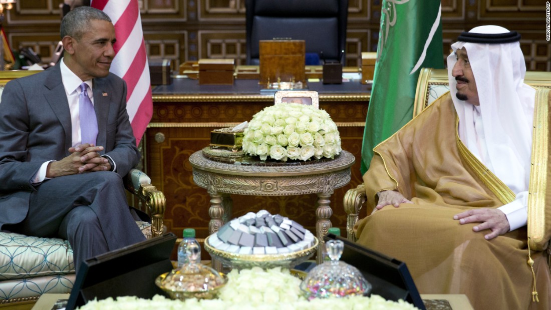 Obama and Saudi King Salman meet at Erga Palace in Riyadh on Wednesday, April 20. The White House moved to tamp down suggestions that ties with Saudi Arabia are fraying, with administration officials saying the two leaders &quot;really cleared the air&quot; in their meeting.