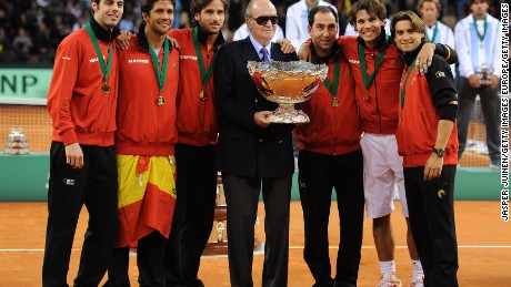 SEVILLE, SPAIN - DECEMBER 04: (L-R) Marcel Granollers, Fernando Verdasco, Feliciano Lopez, King Juan Carlos of Spain, team captain Albert Costa, Rafael Nadal and David Ferrer pose with the Davis Cup trophy during the third and last day of the final Davis Cup match between Spain and Argentina on December 4, 2011 in Seville, Spain.  (Photo by Jasper Juinen/Getty Images)