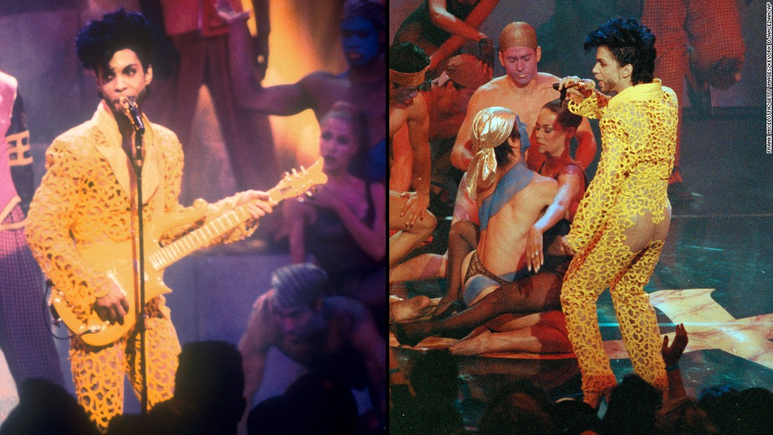 Showing some skin -- Prince and The New Power Generation perform &quot;Gett Off&quot; at the 1991 MTV Video Music Awards in Los Angeles. This revealing yellow jumpsuit was arguably one of his more outrageous outfits.&lt;br /&gt;