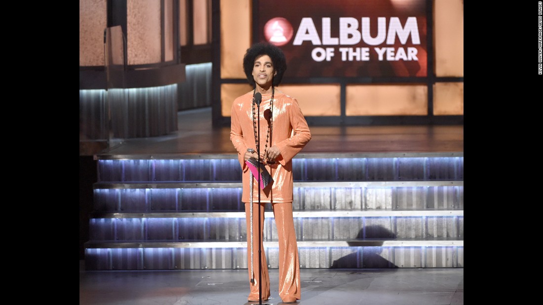 Tangerine dreams - Prince in another monochrome outfit, speaking onstage during The 57th Annual Grammys, February 8, 2015.&lt;br /&gt;