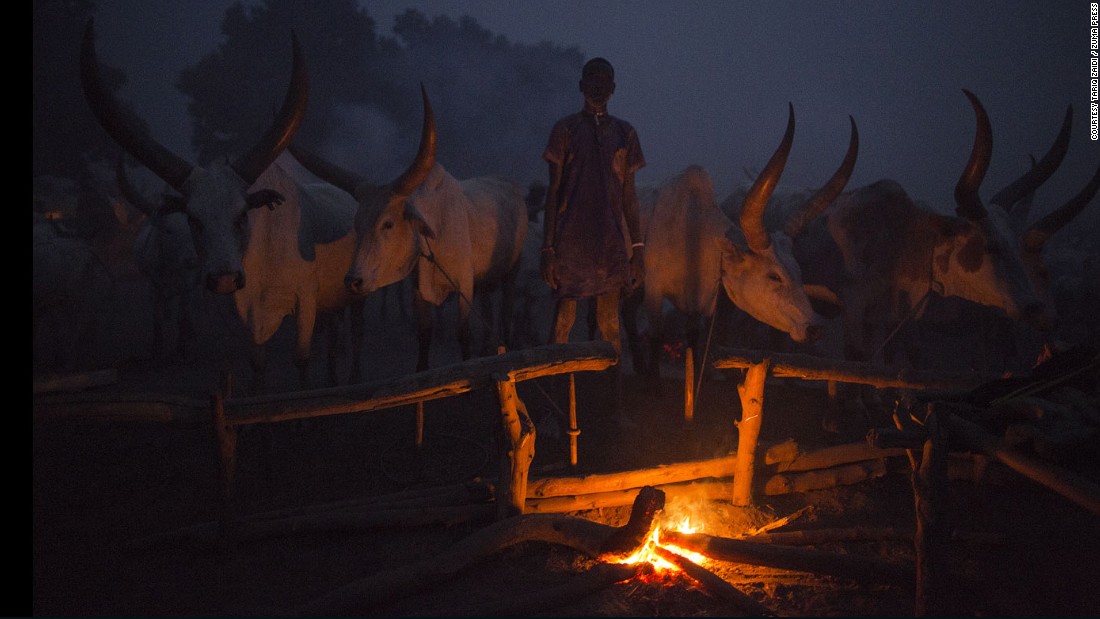 A young Mundari man keeps watch over the fire and his cows during the night. Cattle rustling is a serious and deadly issue in the area, as cattle is often used as a dowry in marriages, the price of which has increased in recent years.