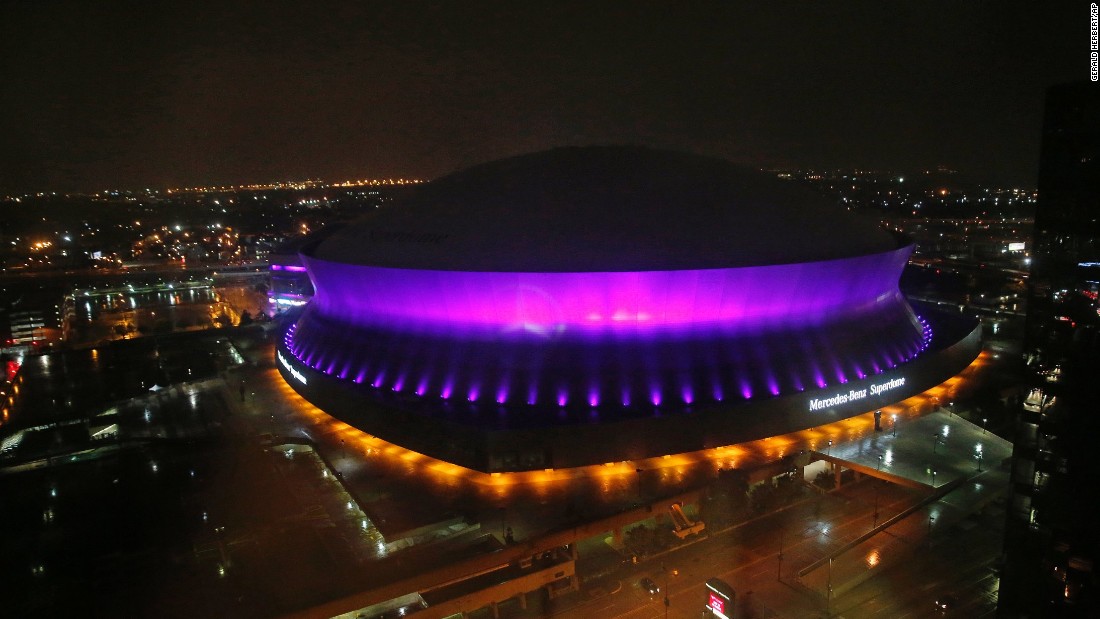 The Mercedes-Benz Superdome in New Orleans is lit up in the color purple to honor the pop legend.