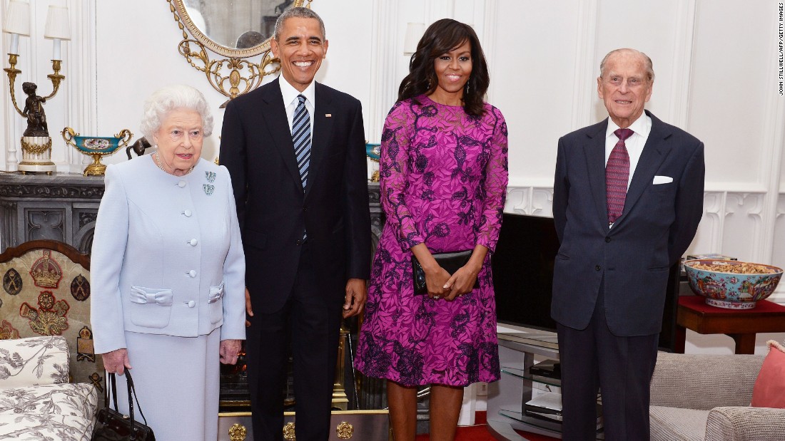 Elizabeth, the President, the first lady and Philip pose for a photograph in the Oak Room ahead of a private lunch at Windsor Castle on April 22, 2016. 