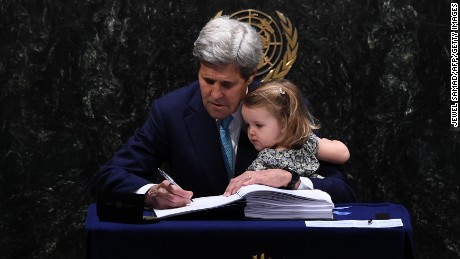 Then-Secretary of State John Kerry signs the Paris climate agreement on April 22, 2016. Kerry is now joining the Biden administration in a new, Cabinet-level position as climate envoy
