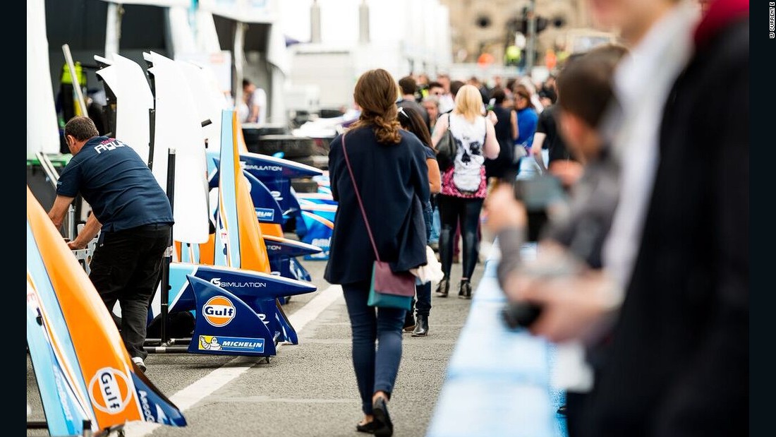 The pit lane was a hive of activity on Friday as teams rushed to prepare the cars -- which have a top speed of 140 mph -- for Saturday&#39;s ePrix. 