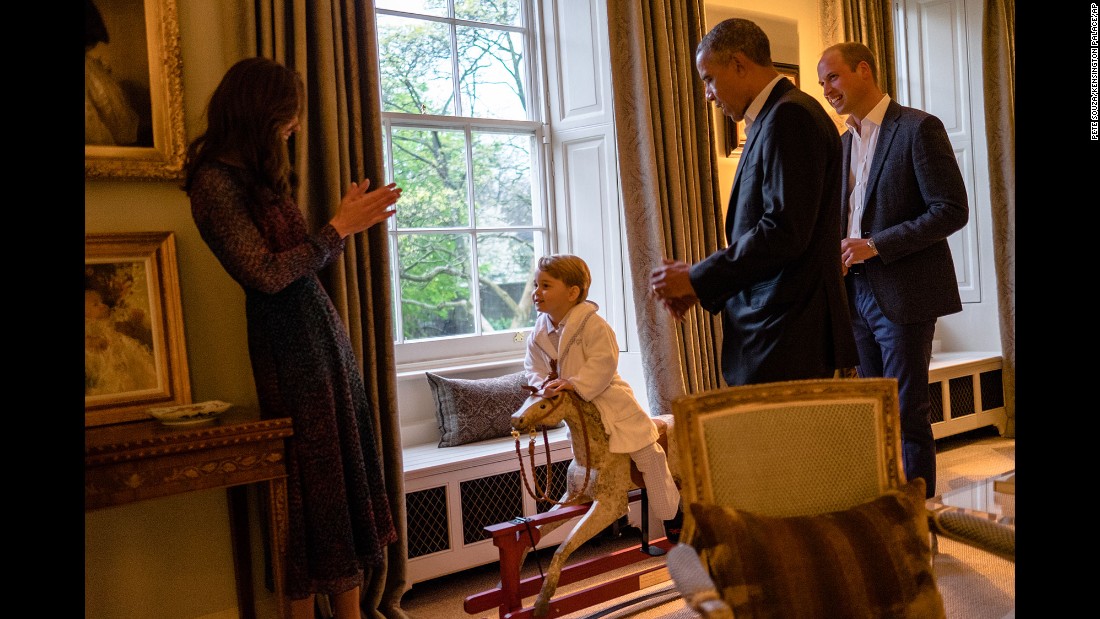 US President Barack Obama talks with Prince William as Catherine plays with Prince George in April 2016. The President and first lady Michelle Obama &lt;a href=&quot;http://www.cnn.com/2016/04/18/politics/gallery/obamas-meet-royals/index.html&quot; target=&quot;_blank&quot;&gt;were visiting Kensington Palace.&lt;/a&gt;