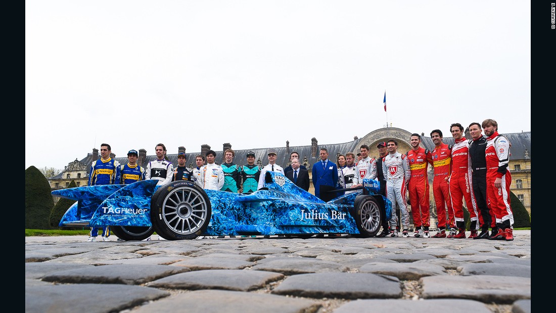 Formula E drivers pose for a photo outside the Hotel des Invalides on the eve of the race. 