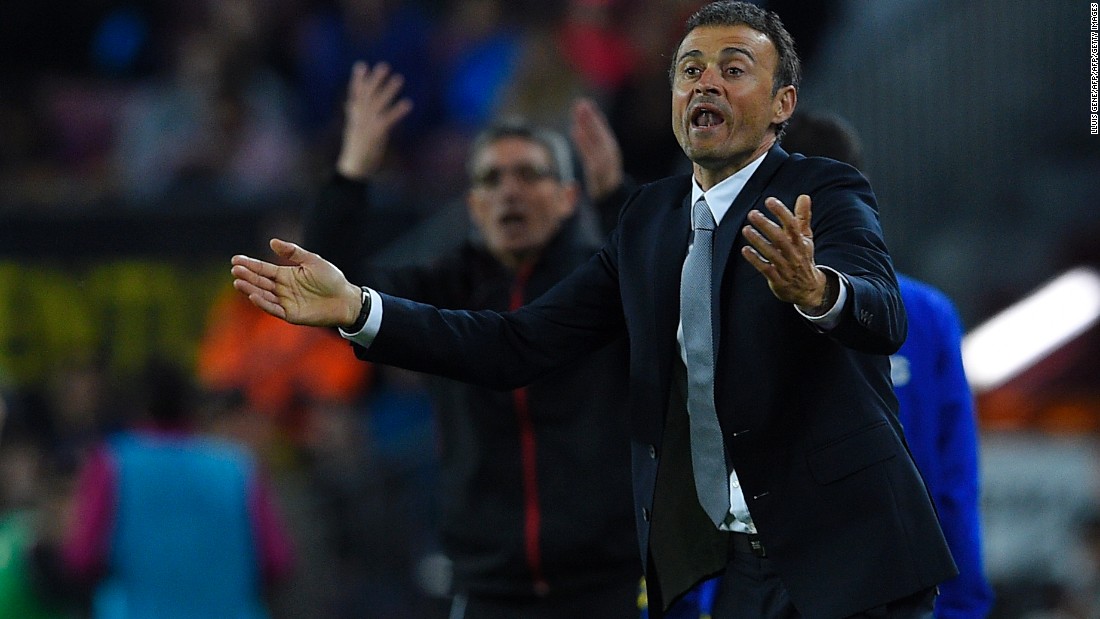 Barcelona coach Luis Enrique gestures on the sideline as his side take Sporting apart.
