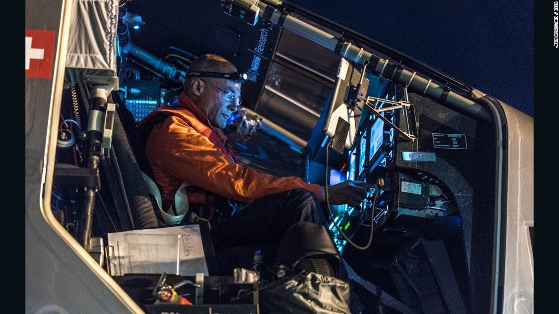 Pilot Bertrand Piccard prepares to take off from Kalaeloa Airport, Hawaii on April 21st 2016, en route to California. The round-the-world solar flight will take 500 flight hours and cover 35,000 km. 