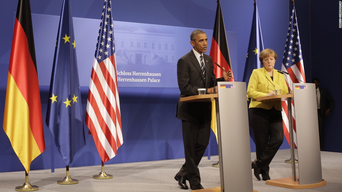 Obama and Merkel hold a news conference after bilateral talks at Herrenhausen Palace on April 24. 