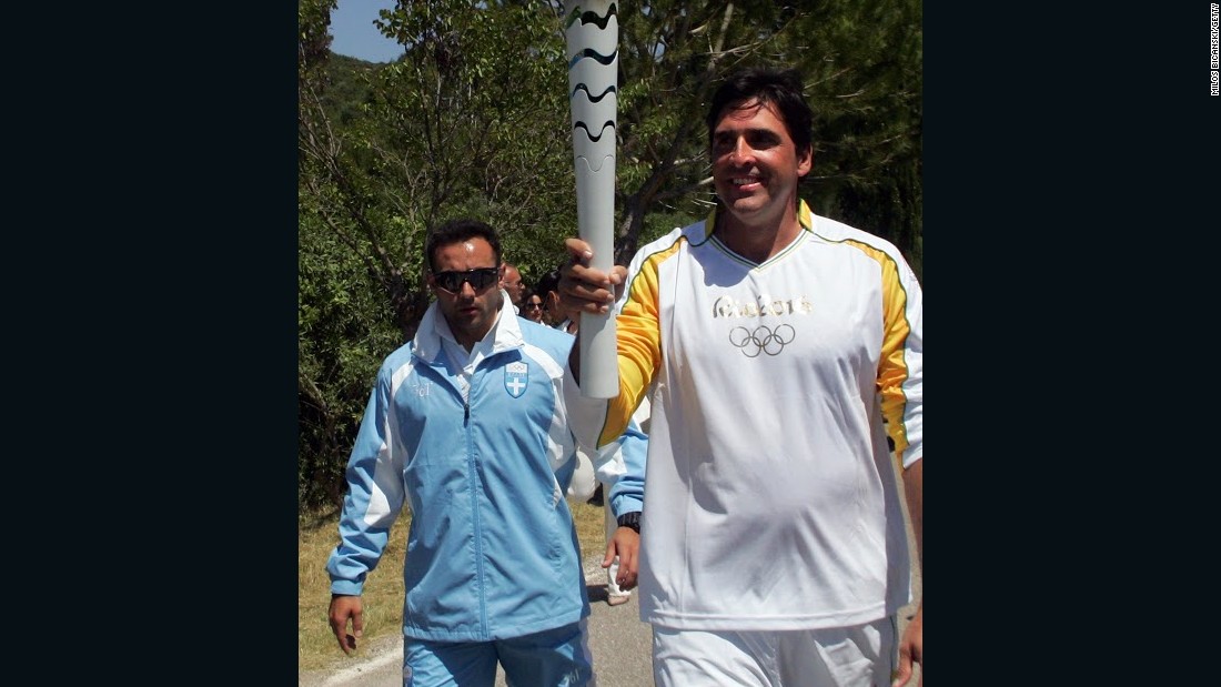 Giovane Gavio, a retired volleyball star, was the first Brazilian to take a leg of this year&#39;s Olympic torch relay during a lighting ceremony in Greece this month.