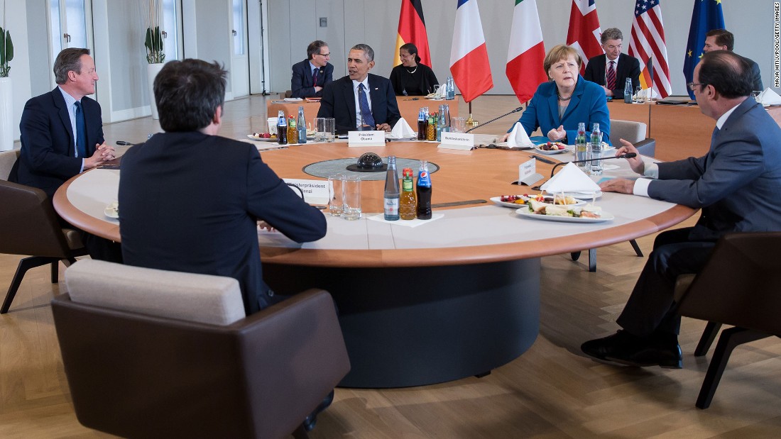 From left, British Prime Minister David Cameron, Italian Prime Minister Matteo Renzi, U.S. President Barack Obama, German Chancellor Angela Merkel and French President Francois Hollande sit together at Herrenhausen Palace in Hanover, Germany, on Monday, April 25. Germany was the third stop on Obama&#39;s recent trip, which also included the United Kingdom and Saudi Arabia.