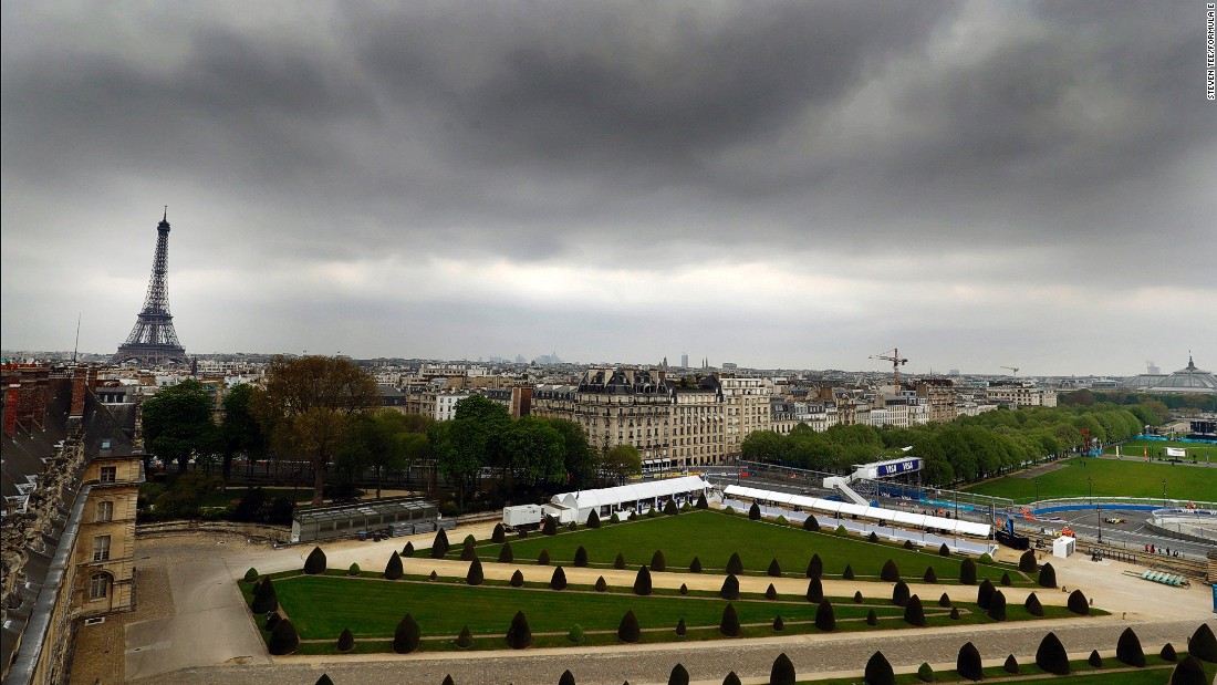 The race took place below gray skies but with the spectacular backdrop of the Eiffel Tower. 