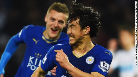 Shinji Okazaki and Jamie Vardy celebrate one of Leicester City&#39;s 63 league goals this season. 