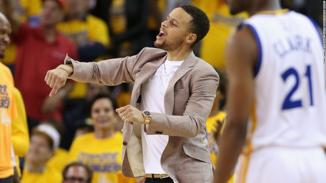 Injured Stephen Curry can only cheer for the sidelines for now, as his Golden State Warriors take on the Portland Trailblazers in the second round of the NBA playoffs. 