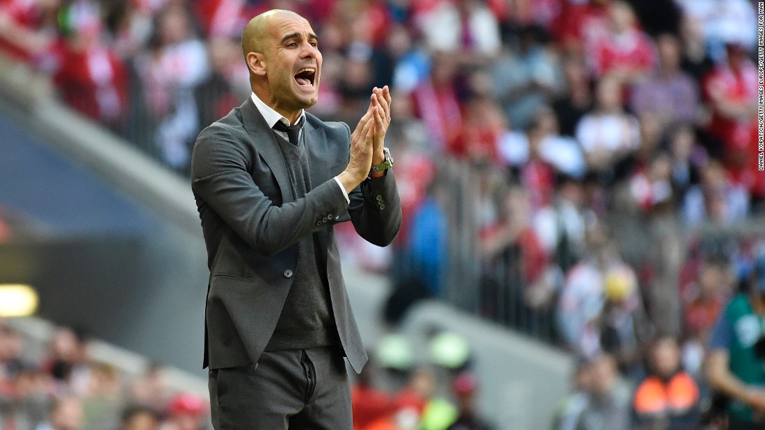 Coach Josep Guardiola of Muenchen reacts during the Bundesliga match between FC Bayern Muenchen and Borussia Moenchengladbach at Allianz Arena.