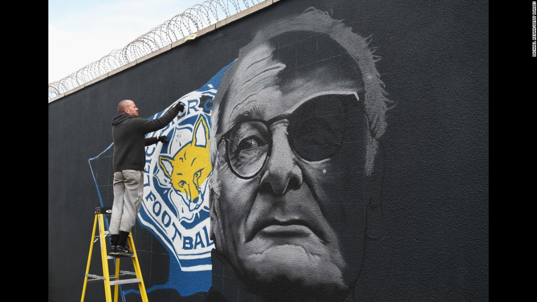 After the game Ranieri said he wouldn&#39;t be watching the game between Chelsea and Spurs. It was reported he would be on a plane flying from Italy to England after having taken out his 96-year-old mother for lunch. Here the Leicester manager is pictured in a painting on a wall.