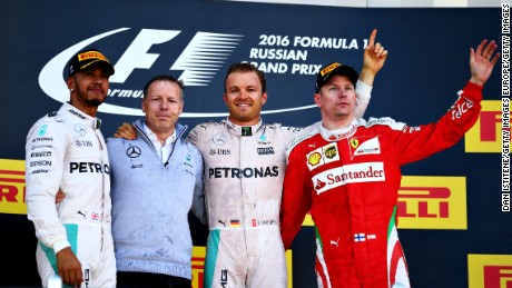 Lewis Hamilton, Nico Rosberg and Kimi Raikkonen celebrate on the podium