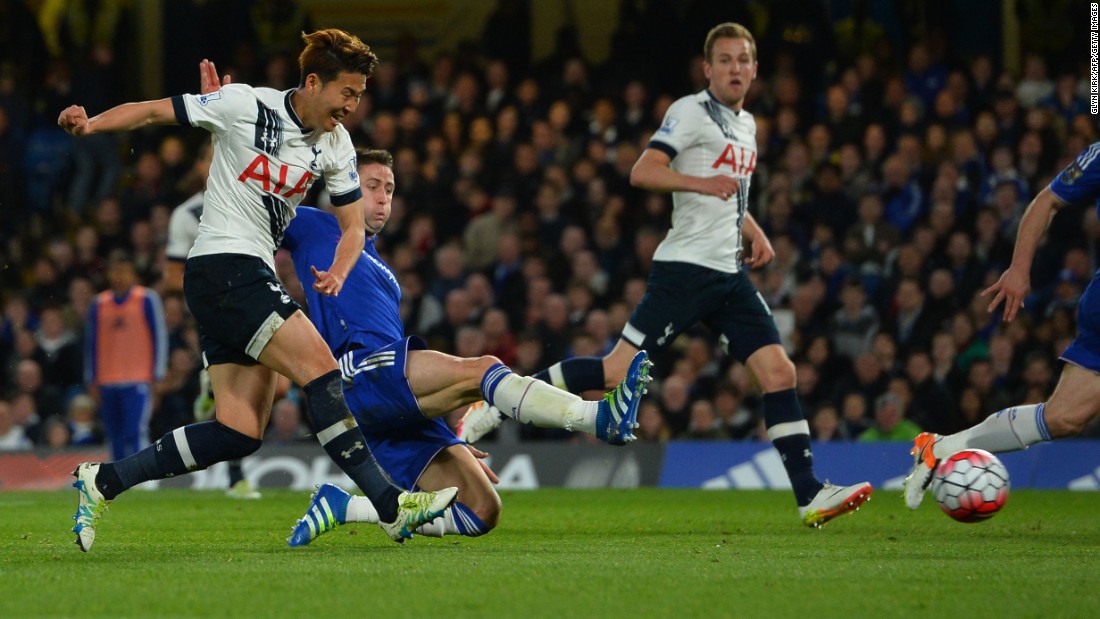 Tottenham&#39;s Son Heung-min scores to give his team a 2-0 first-half lead.