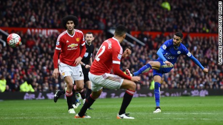 Leicester&#39;s player of the year Riyad Mahrez shoots against Manchester United.