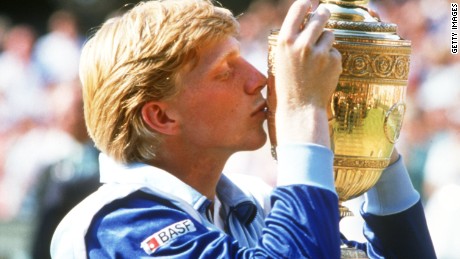 Becker of Germany celebrates winning the 1985 Wimbledon Championship.