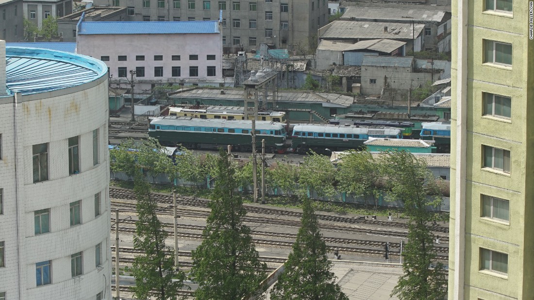 A train can be seen from the window of the Koryo Hotel in Pyongyang.