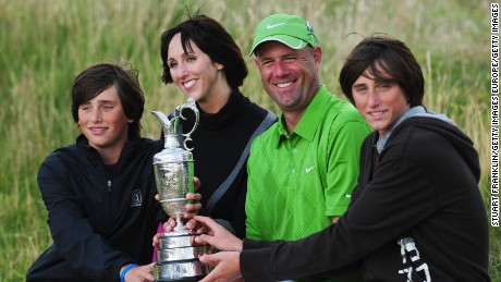 Stewart Cink poses with wife Lisa and family after winning the British Open at Turnberry in 2009.