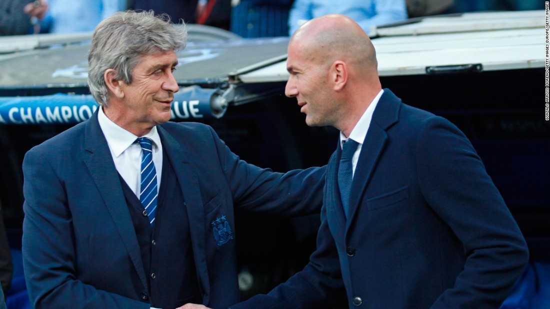  Manuel Pellegrini, once of Real Madrid but now of Manchester City, greeted his counterpart Zinedine Zidane before kick off. Pellegrini will leave City at the end of the season with Pep Guardiola replacing him.&lt;br /&gt;&lt;br /&gt;