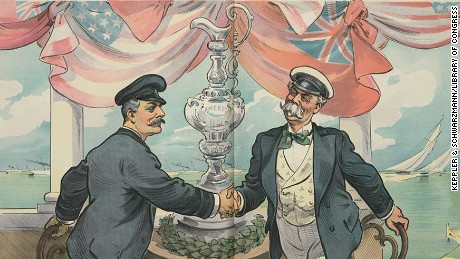  Artist&#39;s illustration shows an American yachtsman shaking hands with Thomas Lipton (right). 