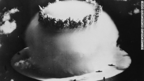 An atom bomb being exploded under water at Bikini Atoll in the Pacific Ocean. 