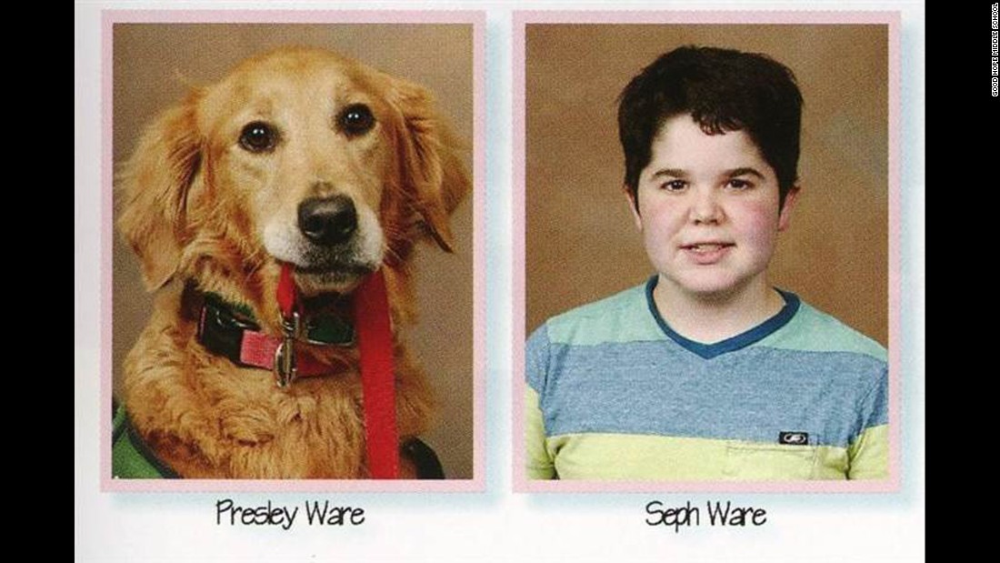 Presley, a service dog, appears alongside her companion, seventh-grader Seph Ware, in the yearbook for Good Hope Middle School in West Monroe, Louisiana.