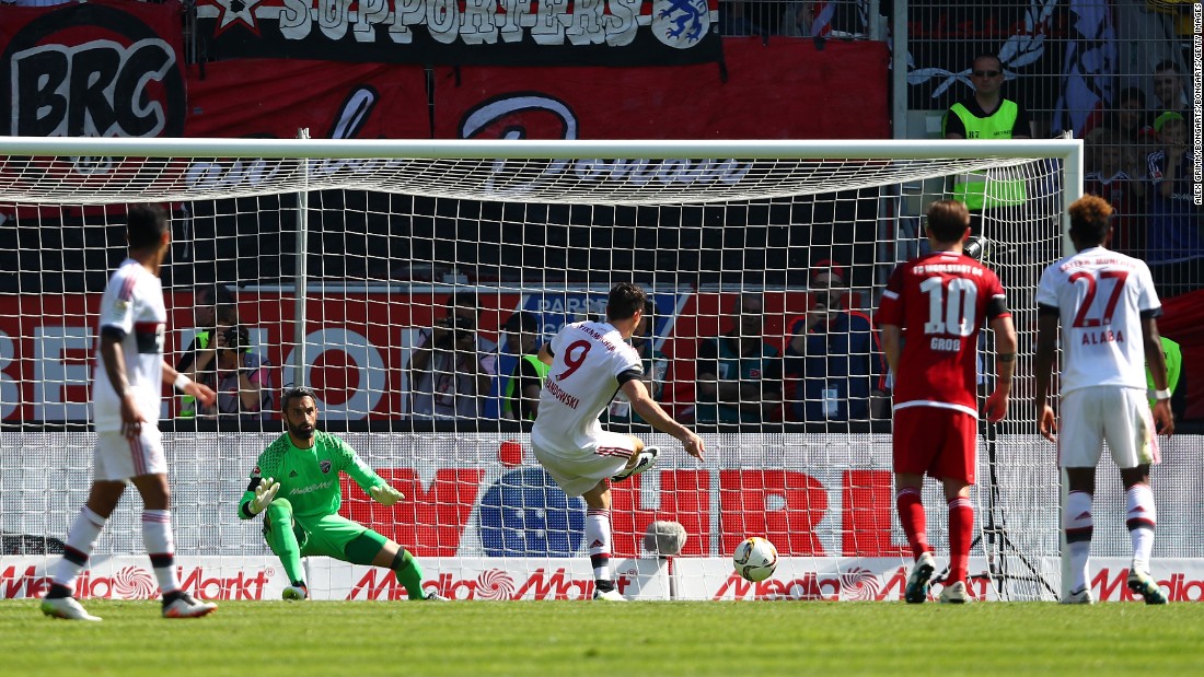 Robert Lewandowski opens the scoring for Bayern Munich against Ingolstadt.