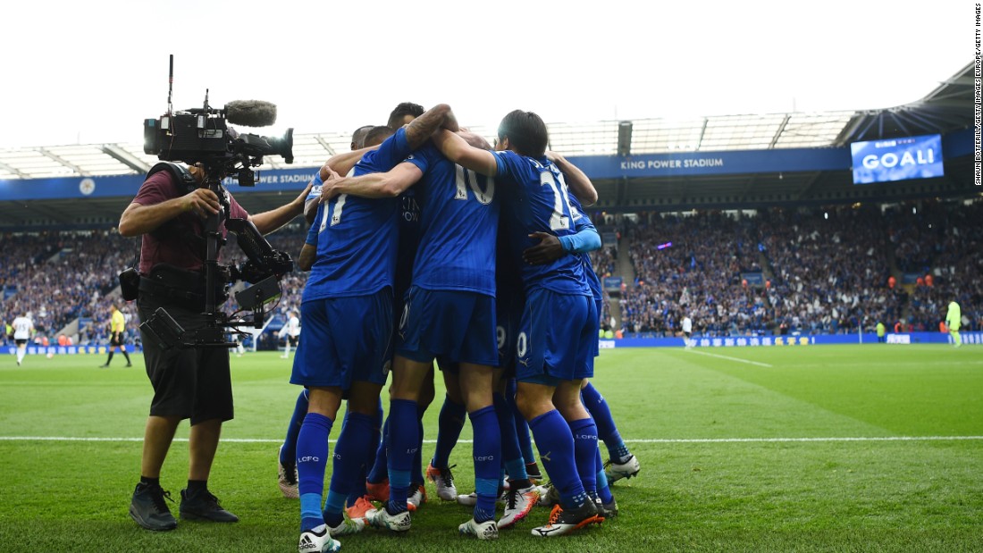 Leicester players celebrate. Although Everton would claim a late consolation, the English champions would comfortably close the game out.