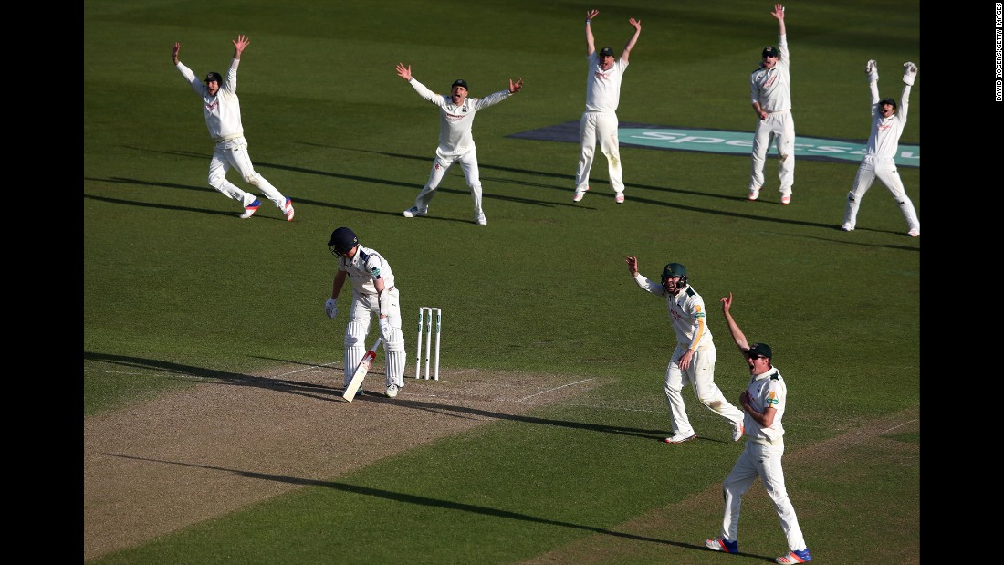 Nottinghamshire cricket players celebrate Wednesday, May 4, after Yorkshire&#39;s Steven Patterson was caught leg before wicket during a Division One match in Nottingham, England.