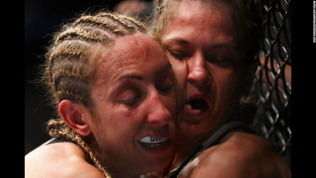 Heather Jo Clark, left, and Karolina Kowalkiewicz compete during a UFC event in Rotterdam, Netherlands, on Sunday, May 8. Kowalkiewicz won by unanimous decision.