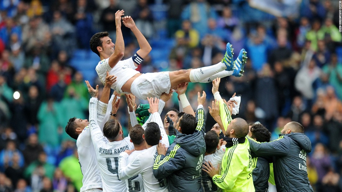 Alvaro Arbeloa is thrown into the air by his Real Madrid teammates after playing his last home match for the club on Sunday, May 8. The defender&#39;s contract is expiring at the end of the season. &lt;a href=&quot;http://edition.cnn.com/2016/05/08/football/la-liga-barcelona-real-madrid-atletico-madrid/index.html&quot;&gt;READ MORE: Barca one win away from title&lt;/a&gt;