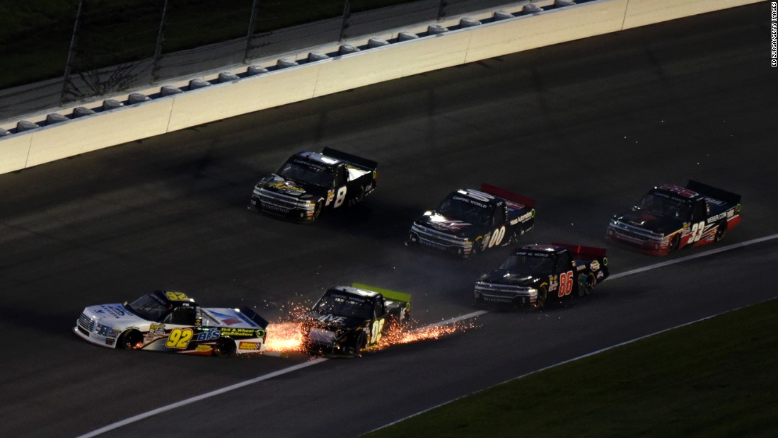 NASCAR driver Parker Kligerman is clipped from behind during the Truck Series race in Kansas City, Kansas, on Friday, May 6.