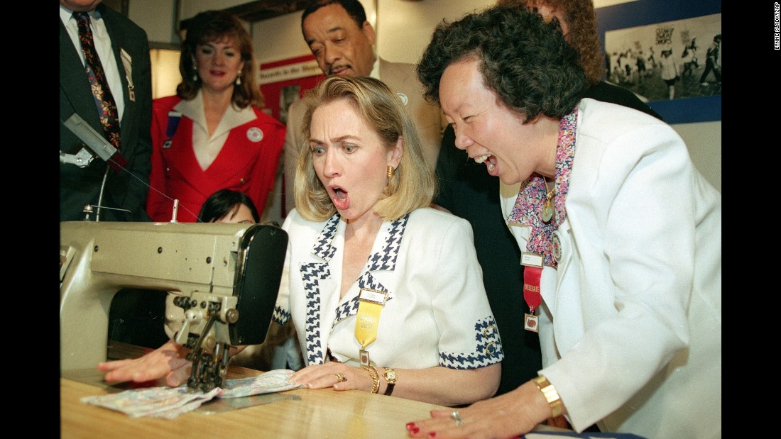 In June 1992, Clinton uses a sewing machine designed to eliminate back and wrist strain. She had just given a speech at a convention of the International Ladies&#39; Garment Workers Union.