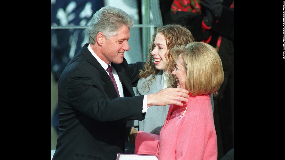 The Clintons hug as Bill is sworn in for a second term as President.
