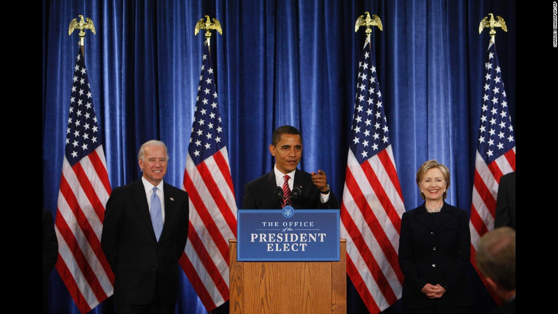 Obama is flanked by Clinton and Vice President-elect Joe Biden at a news conference in Chicago in December 2008. He had designated Clinton to be his secretary of state.