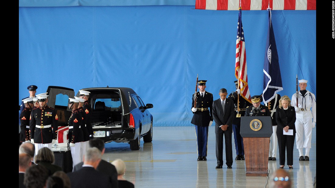 Obama and Clinton bow during the transfer-of-remains ceremony marking the return of four Americans, including U.S. Ambassador Christopher Stevens, who were killed in Benghazi, Libya, in September 2012.