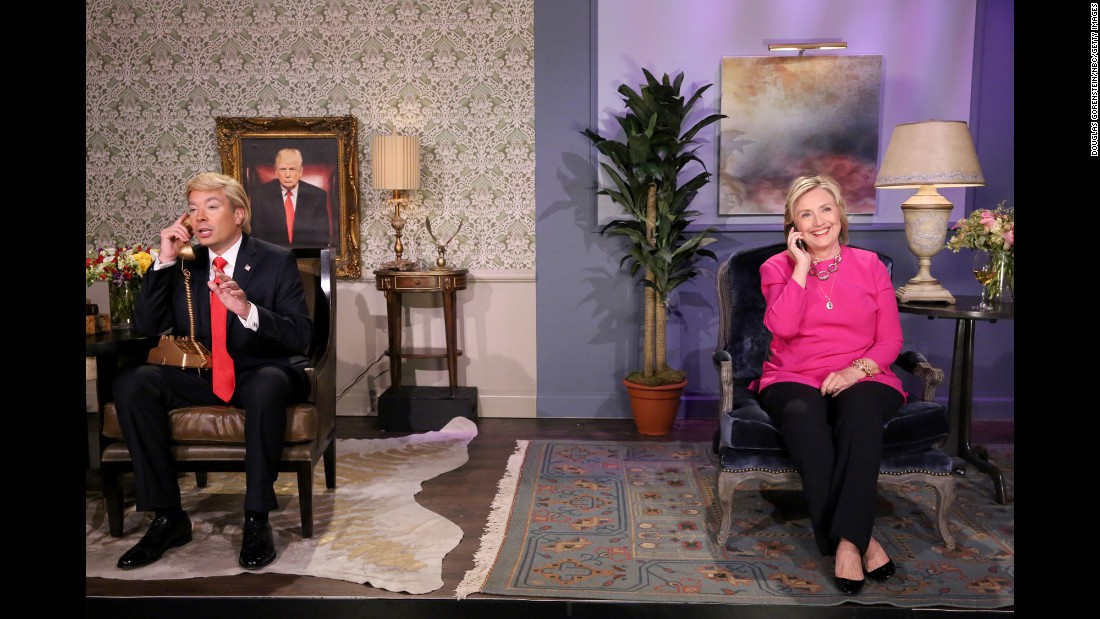 Clinton, now running for President again, performs with Jimmy Fallon during a &quot;Tonight Show&quot; skit in September 2015.