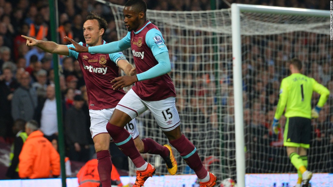 Senegalese striker Diafra Sakho celebrates with Mark Noble after putting West Ham ahead in the 10th minute of Tuesday&#39;s match.